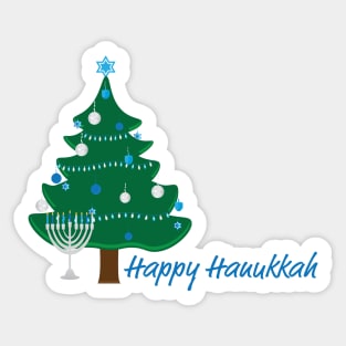 Happy Hanukkah Greeting with Hanukkah Tree and Menorah Sticker